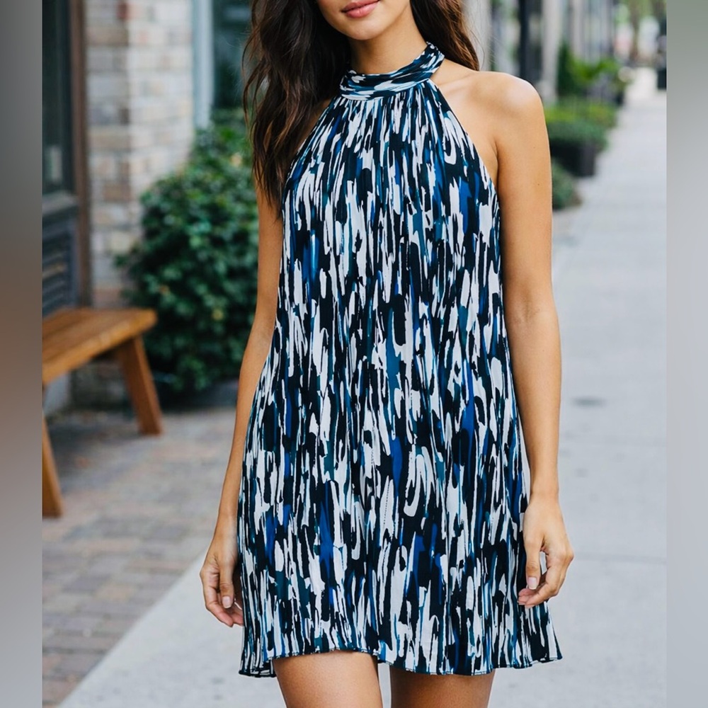 NWT Cynthia Steffe Abstract Halter Dress Size 4 Blue Black White Green